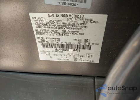 2012 Ford Taurus Sel из США, поврежденный, VIN 1FAHP2HW7CG120754